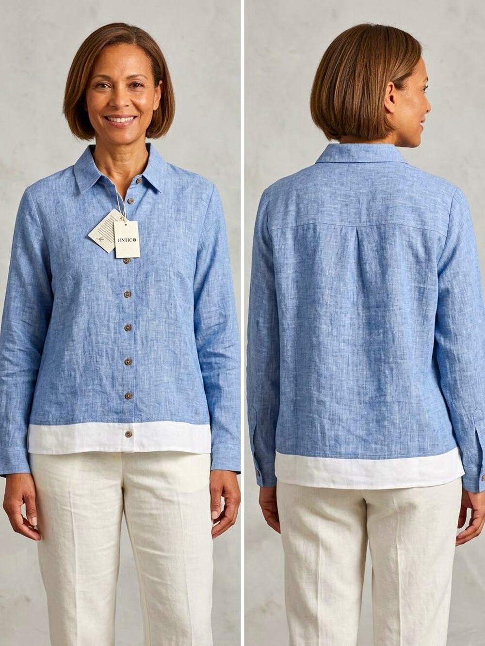 LINTICO Linen Colorblock Button-Up Shirt Blue White Collared Long Sleeve XL
